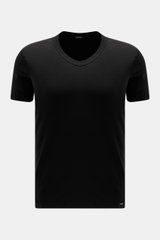 Front view of Tom Ford V-Neck Unterhemd navy, a black extra slim fit T-shirt with V-neckline, jersey aus Baumwolle, komfortabler Stretch-Anteil, sehr weicher Griff, and kleines Weblabel am Saum.