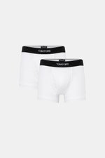 Tom Ford Boxershorts 2er-Set weiß, von vorne fotografiert, sportlich, schlicht, luxuriös mit elastischem Bund und seitlichem Eingriff.