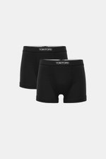Tom Ford Boxershorts 2er-Set schwarz, sportlich, slim fit, elastische Baumwolle, weicher Griff, seitlicher Eingriff, elastischer Bund mit TOM FORD-Stitching, frontale Perspektive.