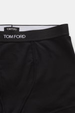 Tom Ford Boxershorts 2er-Set schwarz/dunkelbraun, sportlich, slim fit, elastischer Bund mit TOM FORD-Stitching, seitlicher Eingriff, weiche Baumwolle, Detailaufnahme frontal.