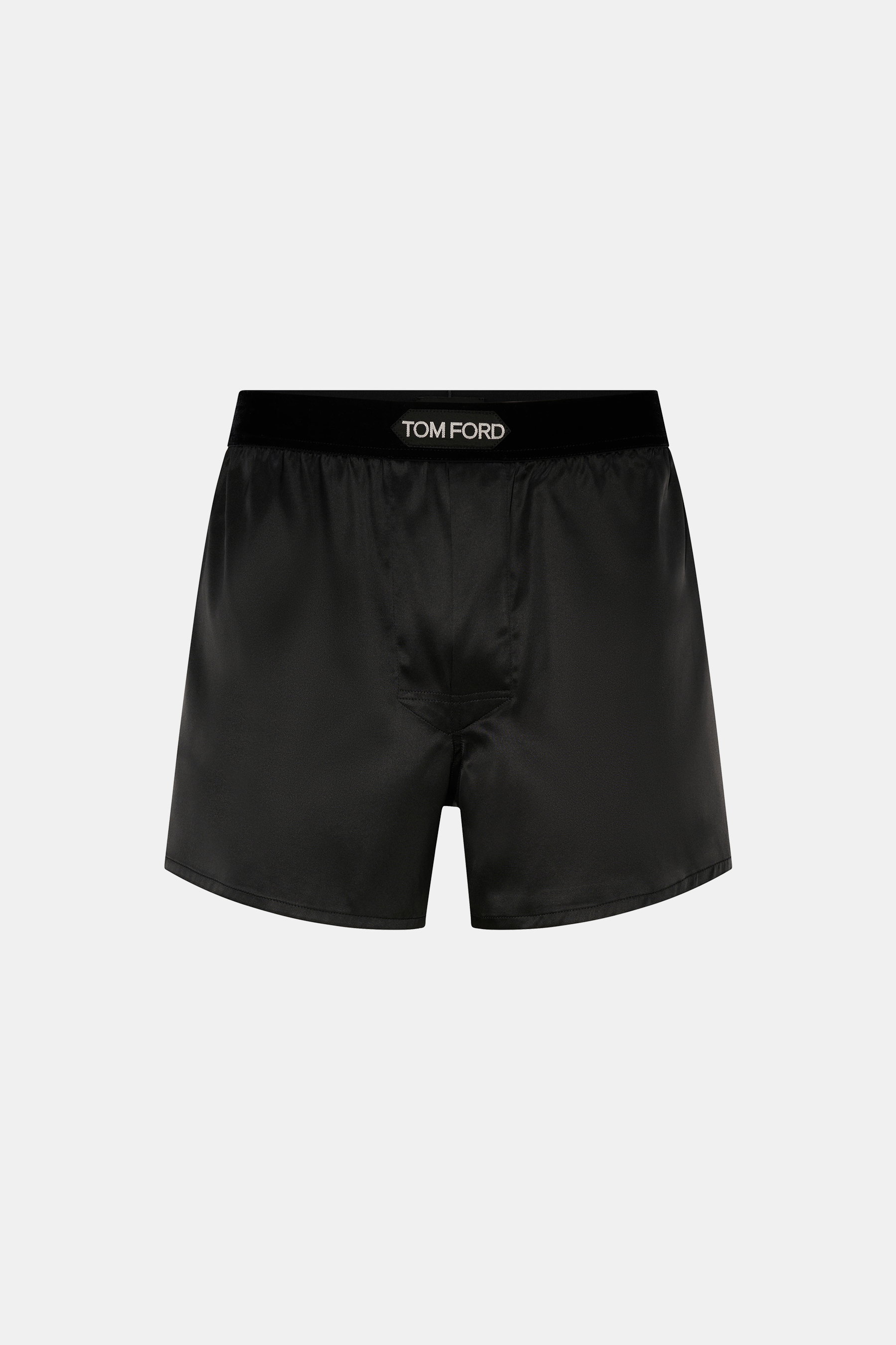 Tom Ford Seiden-Boxershorts schwarz, Frontansicht, edle Seide mit Stretch, weicher samtiger Bund mit Logo, Slim Fit, seitlicher Eingriff, kühl und leicht.
