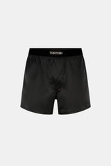Tom Ford Seiden-Boxershorts schwarz, Frontansicht, edle Seide mit Stretch, weicher samtiger Bund mit Logo, Slim Fit, seitlicher Eingriff, kühl und leicht.