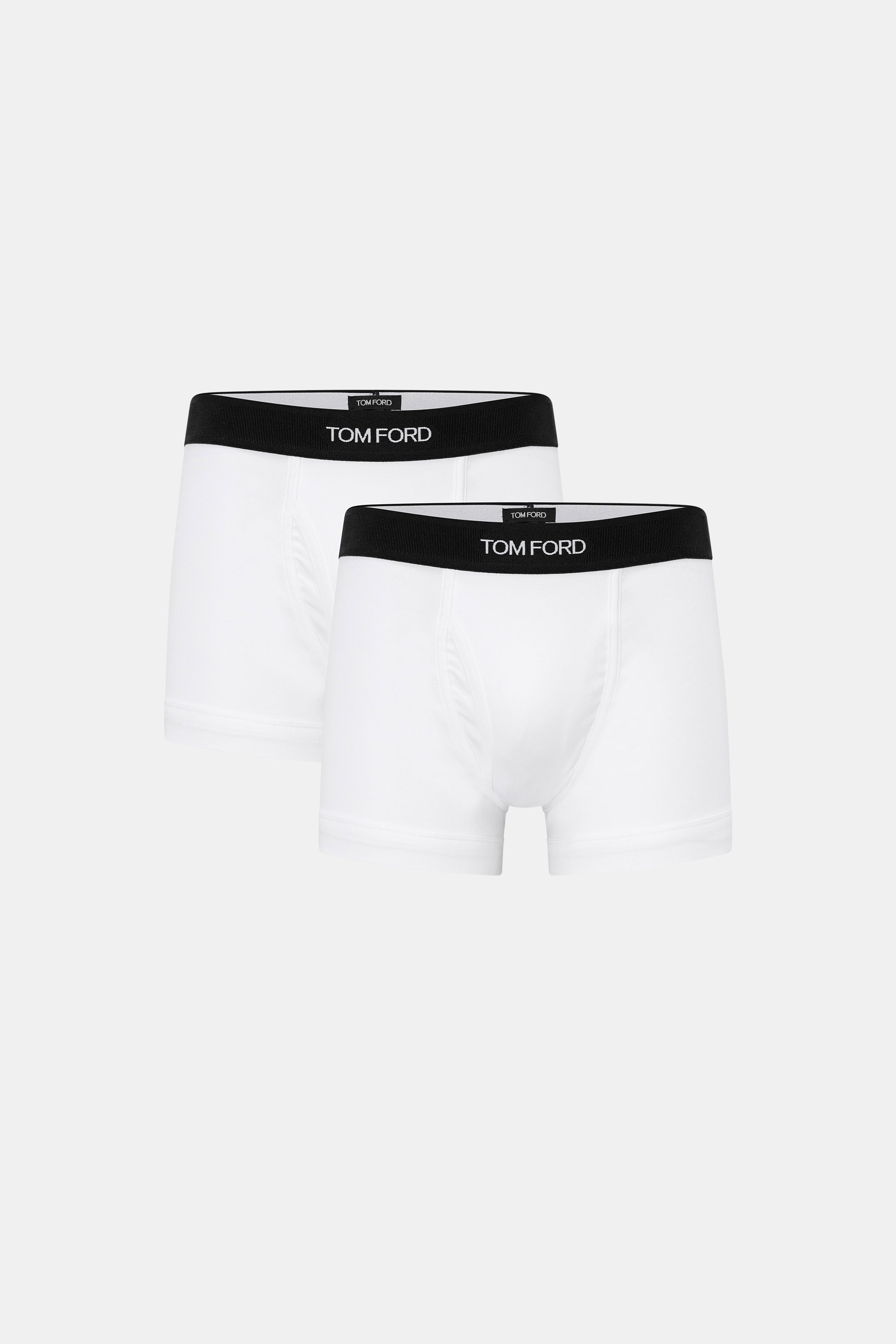 Tom Ford Boxershorts 2er-Set weiß, sportlich und luxuriös, Slim Fit aus elastischer Baumwolle mit seitlichem Eingriff, schwarzer Bund mit TOM FORD-Stitching, Frontansicht.