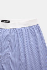 Tom Ford Boxershorts dunkelblau/weiß gestreift, Slim Fit, aus leichter Baumwolle mit elastischem Bund und seitlichem Eingriff, Nahaufnahme von oben.