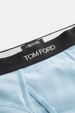 Tom Ford Sport Slips 2er-Set navy/hellblau aus elastischer Baumwolle mit weichem Griff, Slim Fit, elastischem Bund mit TOM FORD-Stitching, seitlicher Eingriff, Detailaufnahme von oben.