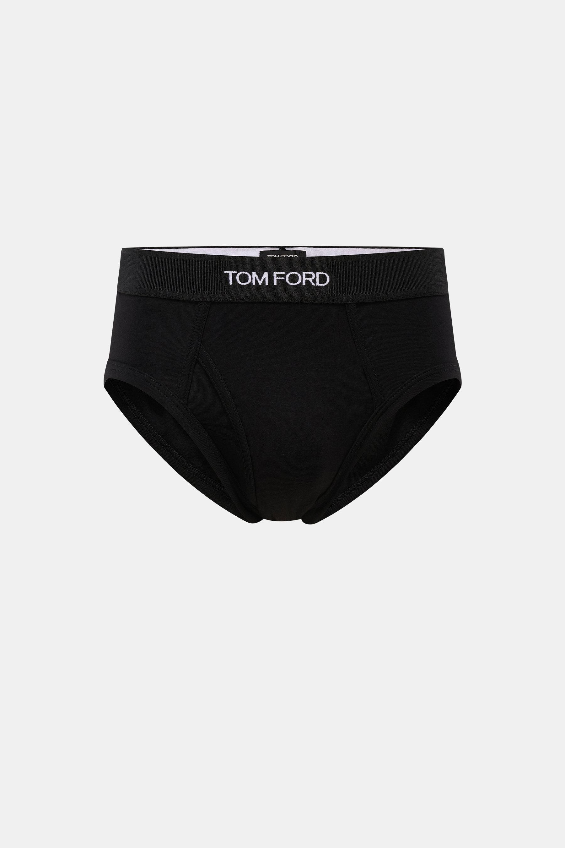 Tom Ford Sport Slips 2er-Set schwarz/graugrün, sportlich und schlicht, elastische Baumwolle, weicher Griff, Slim Fit, elastischer Bund mit TOM FORD-Stitching, seitlicher Eingriff, frontale Nahaufnahme.