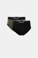Tom Ford Sport Slips 2er-Set schwarz/graugrün, sportlich und schlicht, elastische Baumwolle, weicher Griff, Slim Fit, elastischer Bund mit TOM FORD-Stitching, seitlicher Eingriff, frontale Nahaufnahme.