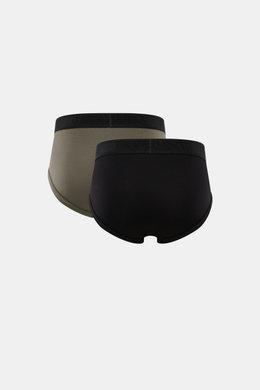 Rückansicht der Tom Ford Sport Slips 2er-Set schwarz/graugrün aus elastischer Baumwolle, Slim Fit, mit seitlichem Eingriff und TOM FORD-Stitching am Bund.