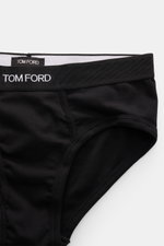 Tom Ford Sport Slips 2er-Set schwarz/graugrün, Nahaufnahme von oben auf elastischen Bund mit TOM FORD-Stitching, seitlicher Eingriff, Slim Fit, weiche Baumwolle.