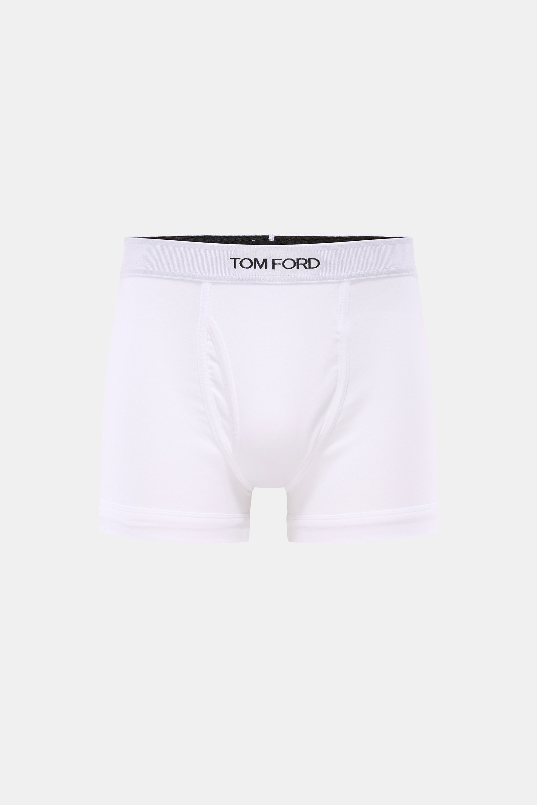 Tom Ford Boxershorts 2er-Set weiß, sportlich, slim fit, aus reiner Baumwolle, glatter Griff, elastischer Bund mit TOM FORD-Stitching, seitlicher Eingriff, Frontansicht.