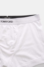 Tom Ford Boxershorts 2er-Set weiß, sportlich und schlicht, aus reiner Baumwolle, glatter Griff, Slim Fit, elastischer Bund mit TOM FORD-Stitching, seitlicher Eingriff, Nahaufnahme vom Bund und Frontbereich.