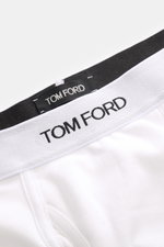 Nahaufnahme von Tom Ford Boxershorts 2er-Set weiß, sportlich, slim fit, aus reiner Baumwolle mit elastischem Bund und seitlichem Eingriff.
