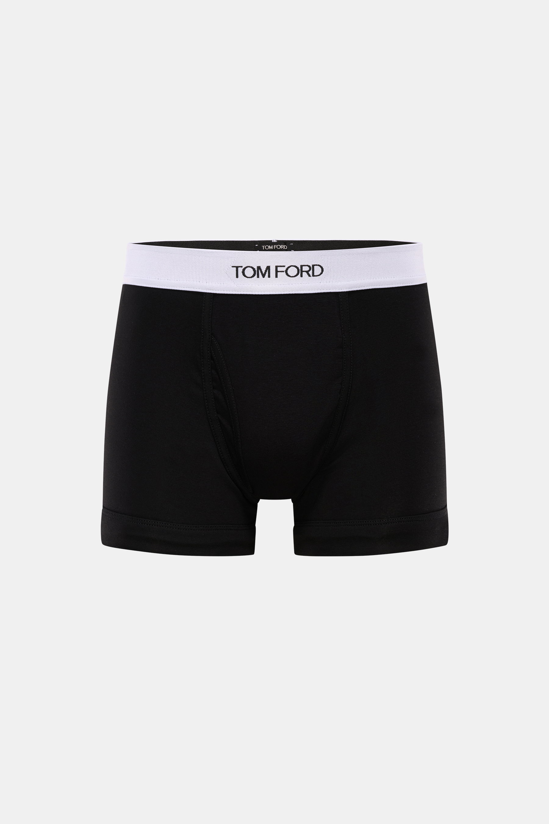 Tom Ford Boxershorts 2er-Set schwarz, frontal fotografiert, sportlich, schlicht, Slim Fit, reine Baumwolle, elastischer Bund mit TOM FORD-Stitching, seitlicher Eingriff.