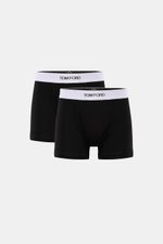 Tom Ford Boxershorts 2er-Set schwarz, frontal fotografiert, sportlich, schlicht, Slim Fit, reine Baumwolle, elastischer Bund mit TOM FORD-Stitching, seitlicher Eingriff.