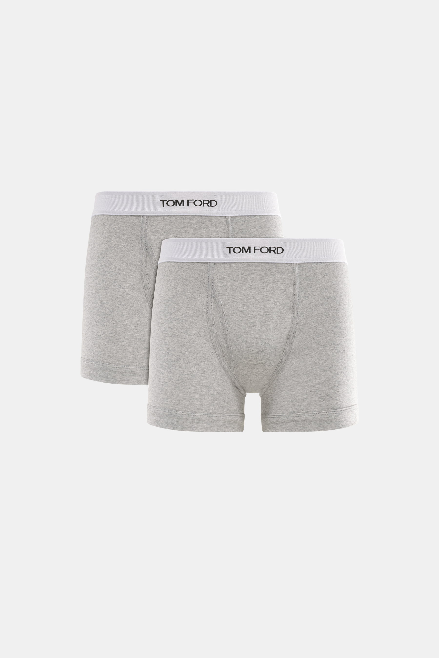 Tom Ford Boxershorts 2er-Set grau meliert, frontal fotografiert, sportlich, schlicht, Slim Fit, reine Baumwolle, elastischer Bund mit TOM FORD-Stitching, seitlicher Eingriff.