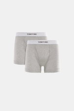 Tom Ford Boxershorts 2er-Set grau meliert, frontal fotografiert, sportlich, schlicht, Slim Fit, reine Baumwolle, elastischer Bund mit TOM FORD-Stitching, seitlicher Eingriff.