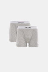 Tom Ford Boxershorts 2er-Set grau meliert, frontal fotografiert, sportlich, schlicht, Slim Fit, reine Baumwolle, elastischer Bund mit TOM FORD-Stitching, seitlicher Eingriff.