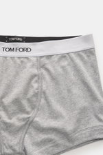 Tom Ford Boxershorts 2er-Set grau meliert, sportlich, slim fit, reine Baumwolle, elastischer Bund mit TOM FORD-Stitching, seitlicher Eingriff, Detailaufnahme von oben.