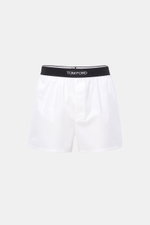 Tom Ford Boxershorts weiß, sportlich und schlicht, Slim Fit, reine Baumwolle, elastischer Bund mit TOM FORD-Stitching, seitlicher Eingriff, Frontansicht.