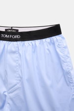 Tom Ford Boxershorts hellblau aus reiner Baumwolle, sportlich schlicht mit elastischem Bund und seitlichem Eingriff, Detailfoto von oben.