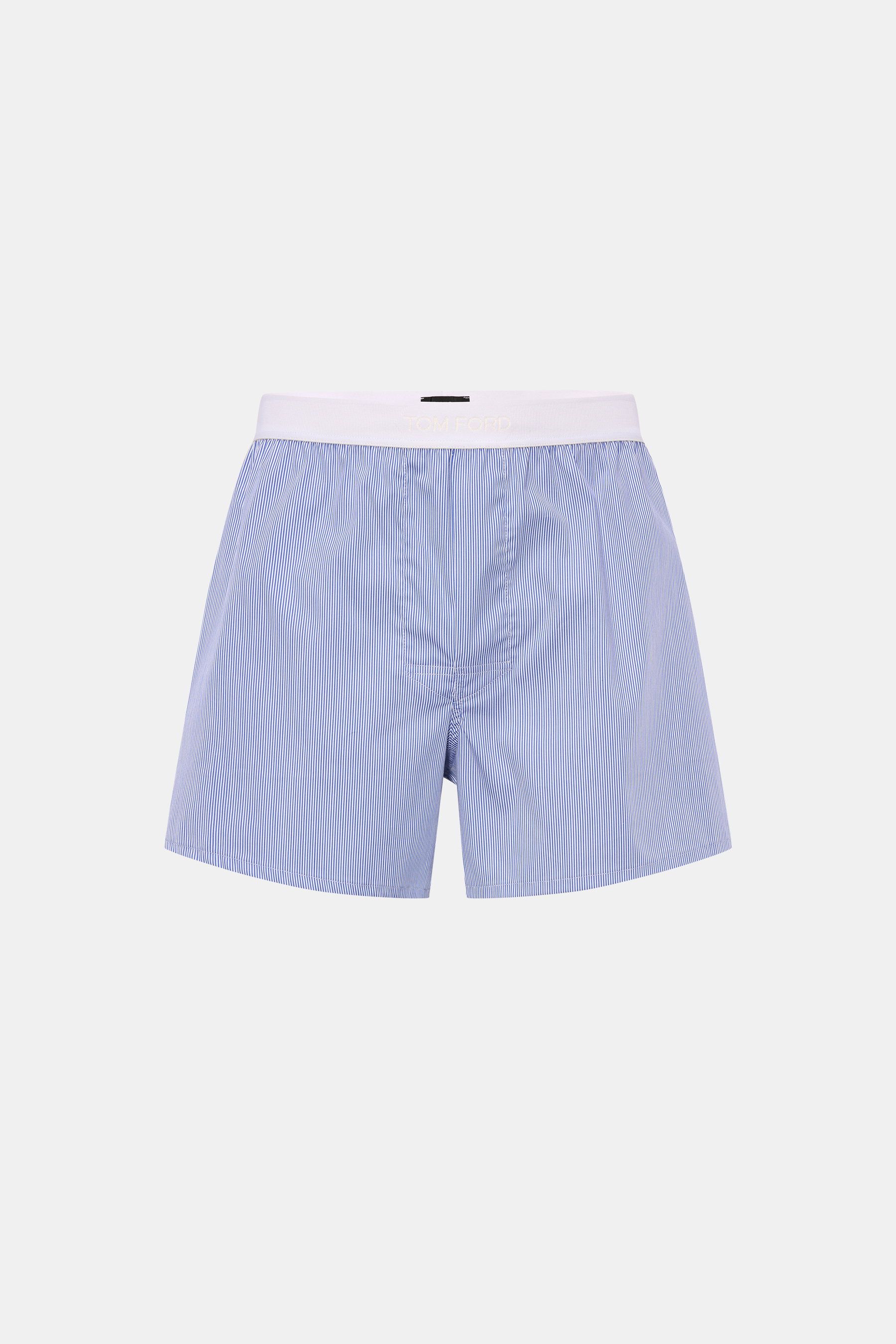 Front view of Tom Ford Boxer shorts dark blue/white striped with slim fit, fine stripes, elastic waistband with logo, and side opening.