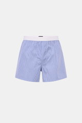 Tom Ford Boxershorts dunkelblau/weiß gestreift, sportlich, slim fit, elastischer Bund mit Logo, feines Streifenmuster, Frontansicht.