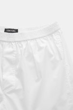 Tom Ford Boxershorts weiß, sportlich und schlicht, Slim Fit, elastischer Bund, seitlicher Eingriff, reine Baumwolle, glatter Griff, Detailaufnahme von oben.