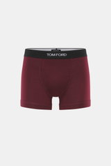 Tom Ford Boxershorts bordeaux in Slim Fit, sportlich und monochrom, frontal fotografiert, elastische Baumwolle, weicher Griff, elastischer Bund mit TOM FORD-Stitching, seitlicher Eingriff.