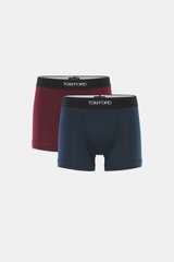 Tom Ford Boxershorts 2er-Set navy/bordeaux, sportlich, slim fit, reine Baumwolle, glatter Griff, elastischer Bund mit TOM FORD-Stitching, seitlicher Eingriff, frontale Nahaufnahme.