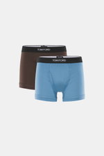 Vorderansicht des Tom Ford Boxershorts 2er-Set dunkelbraun/rauchblau mit elastischem Bund, seitlichem Eingriff, Slim Fit und glattem Griff aus reiner Baumwolle.