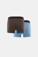 Tom Ford Boxershorts 2er-Set dunkelbraun/rauchblau, sportlich schlicht, Slim Fit, reine Baumwolle, elastischer Bund mit TOM FORD-Stitching, seitlicher Eingriff, Rückansicht.