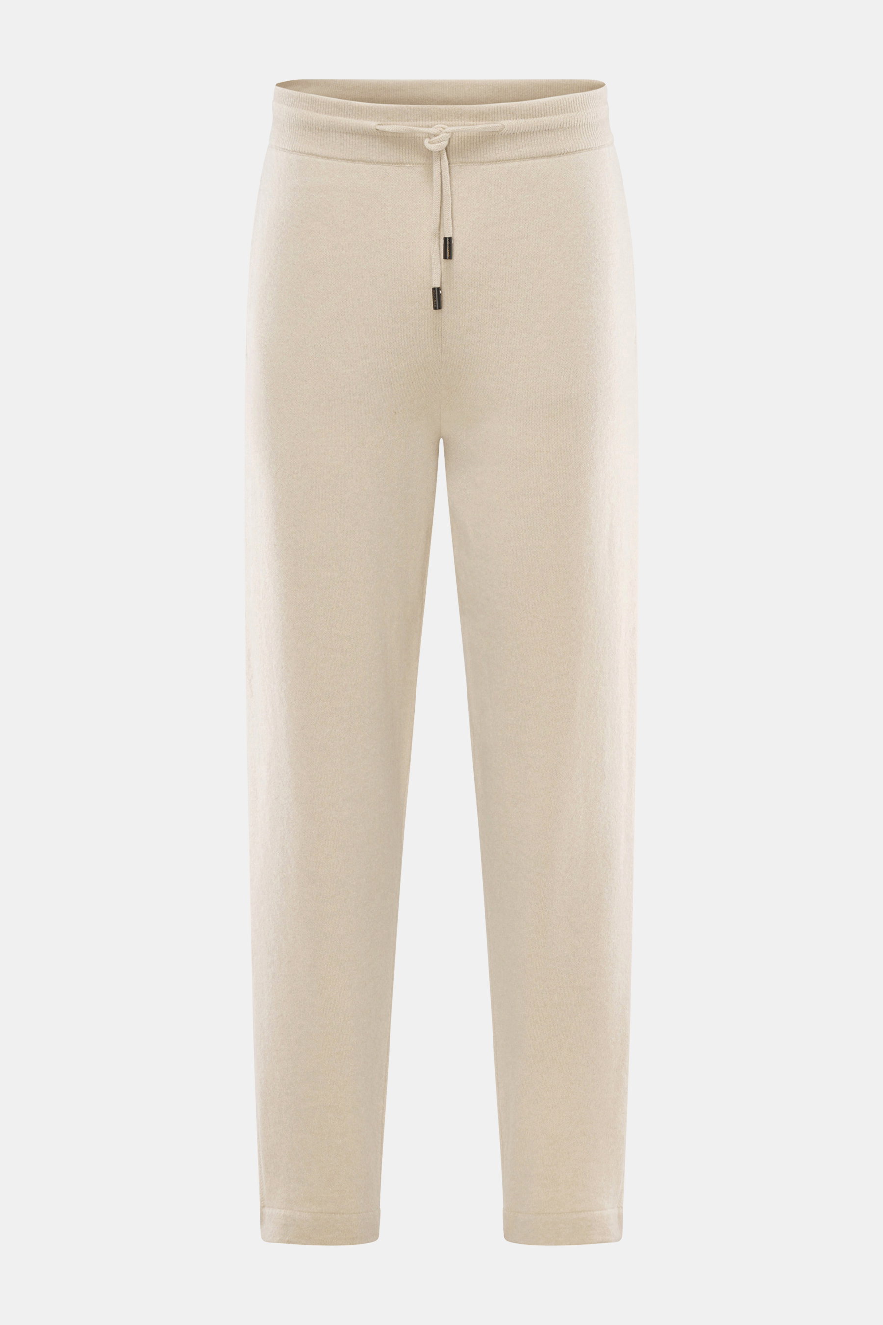 Colombo Cashmere Jogpants sand, frontale Nahaufnahme, knöchellang, Tapered Fit, elastischer Bund mit Tunnelzug, Taschen, feines Strickbild, reiner Yangir Cashmere.