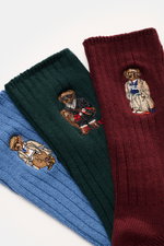 Polo Ralph Lauren Strümpfe 3er-Set rauchblau/dunkelgrün/bordeaux, seitliche Nahaufnahme, Rippstrick, Teddy-Stitching, Baumwolle/Microfaser, Stretch, breites Bündchen.
