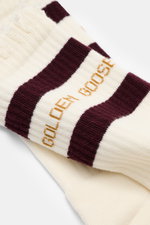 Golden Goose Strümpfe creme/dark bordeaux gestreift, liegend aus seitlicher Nahaufnahme mit Vintage-Look, Baumwolle, Microfaser, Stretch, Unisex, Rippstrick, verstärkte Zonen.