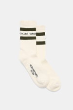 Golden Goose Socks Cream/Dark Olive Striped shown from side top view, sporty basic with cotton-microfiber blend, rib knit, stretch, reinforced zones, unisex model. Sporty basic: The GOLDEN GOOSE socks impress with unparalleled comfort and a casual vintage