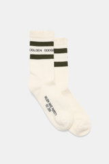 Golden Goose Socks Cream/Dark Olive Striped shown from side top view, sporty basic with cotton-microfiber blend, rib knit, stretch, reinforced zones, unisex model. Sporty basic: The GOLDEN GOOSE socks impress with unparalleled comfort and a casual vintage