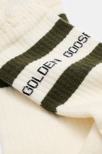 Golden Goose Socks Cream/Dark Olive Striped shown close-up from above, sporty rib knit with cotton, microfiber, stretch, reinforced zones.