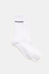 Weiß fotografierte Jacquemus Strümpfe weiß im Tennis-Design mit Intarsien-Logo, Rippstrick, Baumwoll-Mix, Stretch, verstärkten Zonen, Unisex.