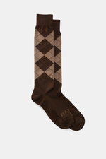 MC2 Saint Barth Knee-high socks 'Sox' dark brown patterned, front view, mix of cotton and microfibre, slightly elastic, classic argyle pattern, reinforced heel and toe, comfortably wide cuff, tonal branding.