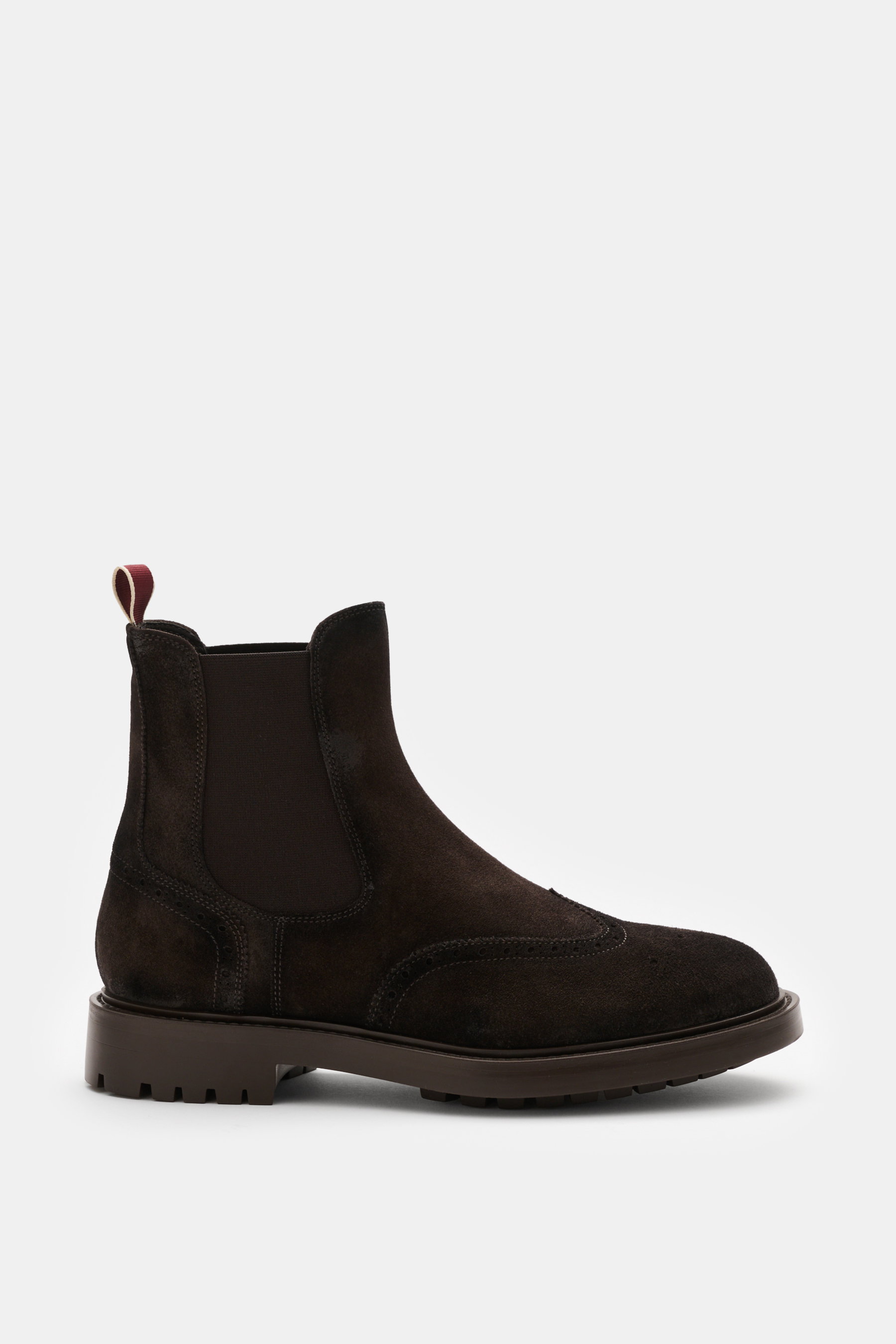 Sturlini Chelsea Boot 'Fox Oil' dunkelbraun, seitlich fotografiert, Veloursleder, Flügelkappe, Lyra-Lochungen, Gummisohle, elastische Einsätze.