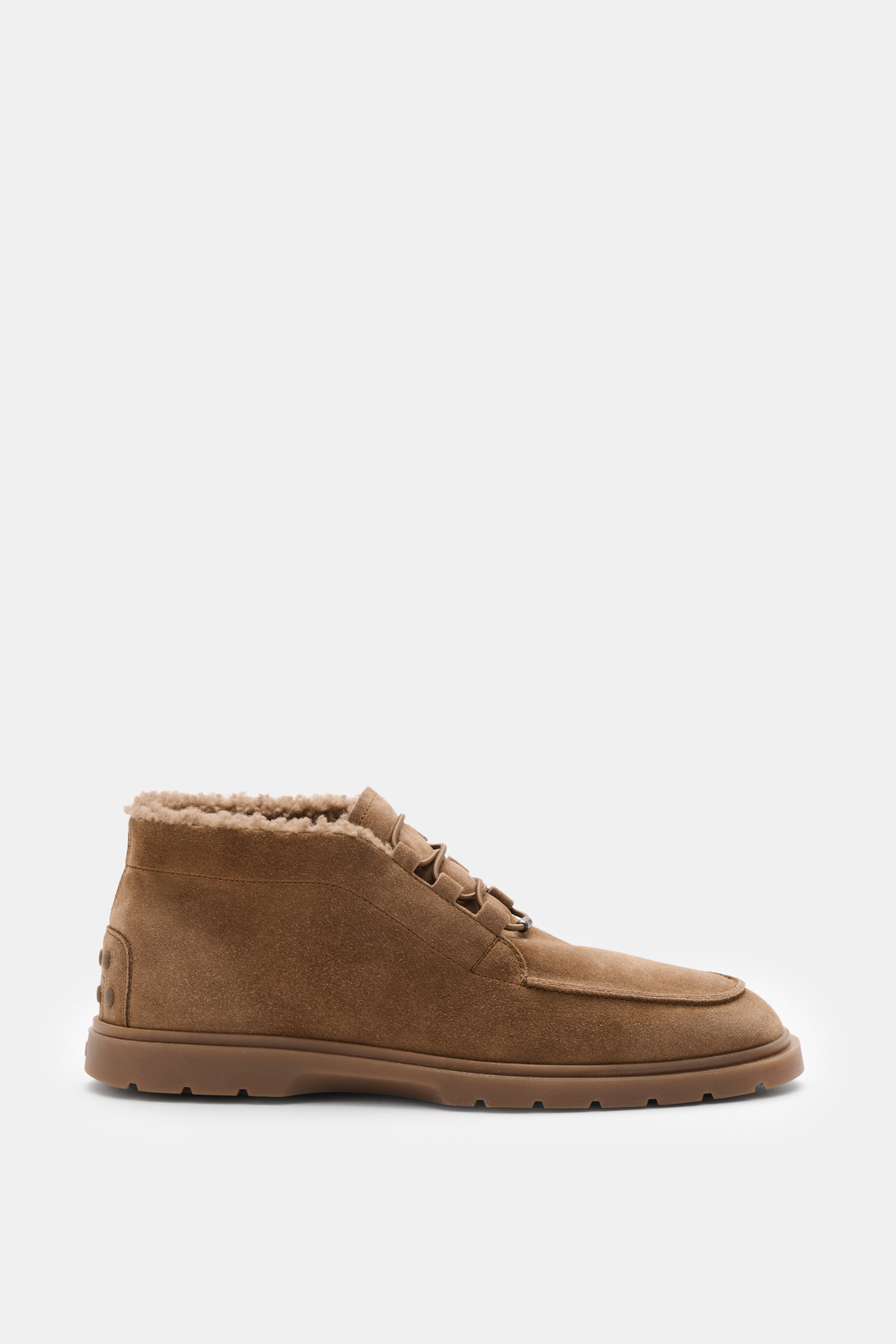 Tod's Boot graubraun seitlich fotografiert, edles Veloursleder, Lammfell-Futter, Monogramm, elastische Schnürung, Steppnaht, genoppte Gummisohle.