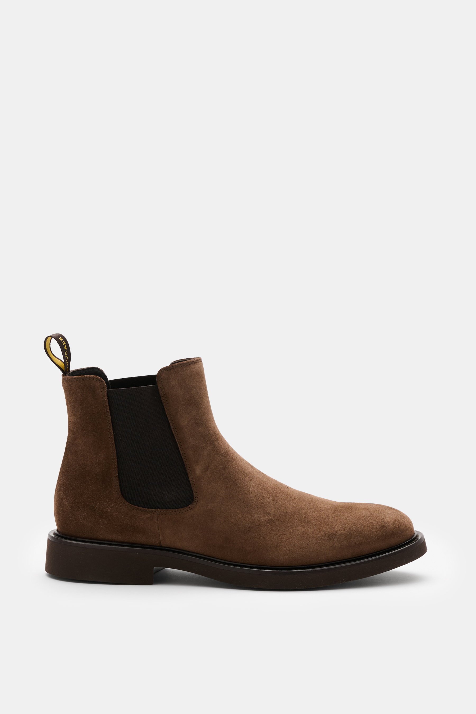 Doucal's Chelsea Boot graubraun aus feinem Veloursleder, schmal zulaufend, mit elastischen Einsätzen, ledernem Innenfutter, Gummisohle, Seitenansicht.
