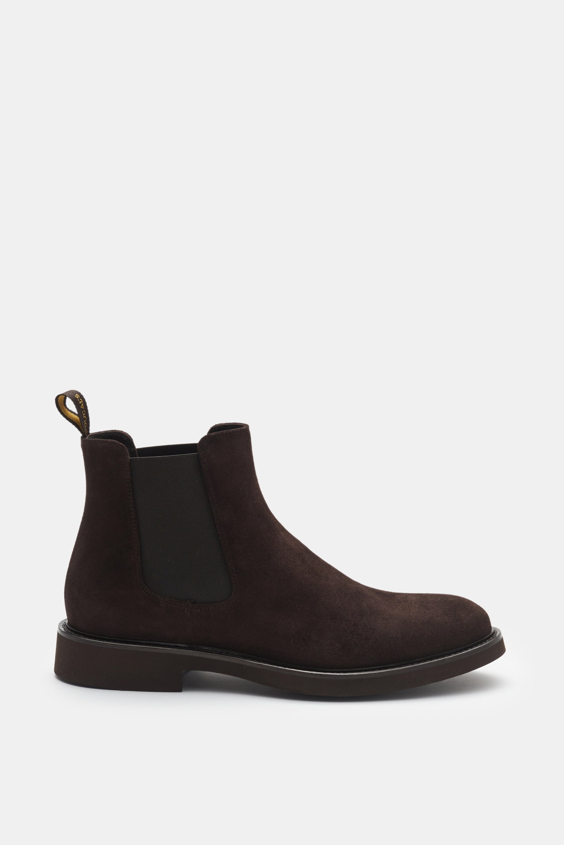 Doucal's Chelsea Boot dunkelbraun aus feinem Veloursleder, schmal zulaufende Silhouette, elastische Einsätze, ledernes Innenfutter, Gummisohle, Seitenansicht.