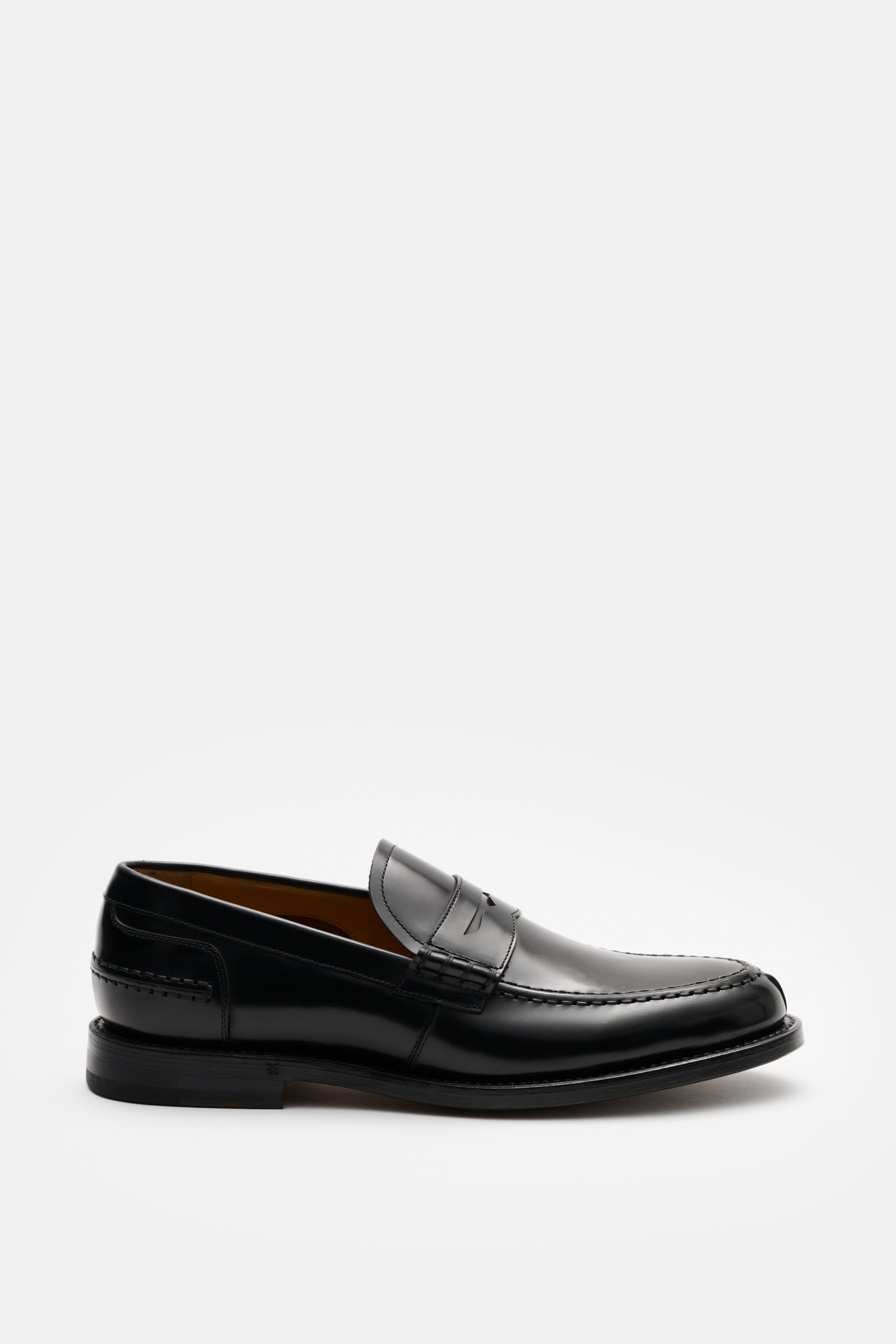 Fabi Penny Loafer 'Bill' schwarz, seitliche Ansicht, rahmengenäht, poliertes Kalbleder, Vintage-Look, Glattlederfutter, gummiverstärkte Ledersohle.