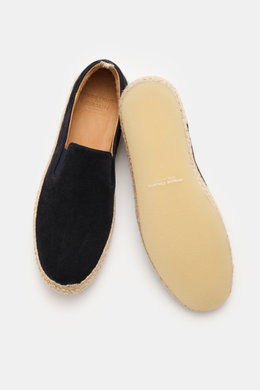 Officine Creative Espadrilles 'Bowline' navy aus geschmeidigem Veloursleder, Bast-Umrandung, flexible Kautschuksohle, von oben fotografiert.