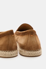 Santoni Espadrilles 'Carlo' hellbraun, Rückansicht, Veloursleder, Bast-umrandete Kautschuksohle, schmal, Penny-Strap, Ziernaht, ledernes Futter.