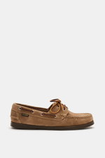 G.H.Bass Loafer 'Jetty Boater 2' beige, seitliche Ansicht, softes Veloursleder, umlaufende Zierschnürung, Kautschuksohle, ledernes Innenfutter, komfortables Fußbett.