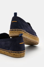 Rear and side view of Castañer Espadrilles 'Nacho T' navy in soft velour leather with jute trim, penny strap, decorative stitching, and flexible rubber sole.