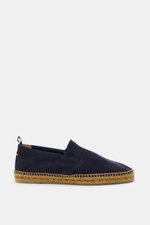 Castañer Espadrilles 'Joel' navy, seitlich fotografiert, aus geschmeidigem Veloursleder, Jute-Umrandung, elastische Einsätze, flexible Kautschuksohle.