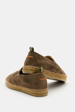 Rear angled view of Castañer Espadrilles 'Joel' taupe in smooth velour leather with jute-wrapped vulcanized rubber sole, elastic sides, and back stitching.